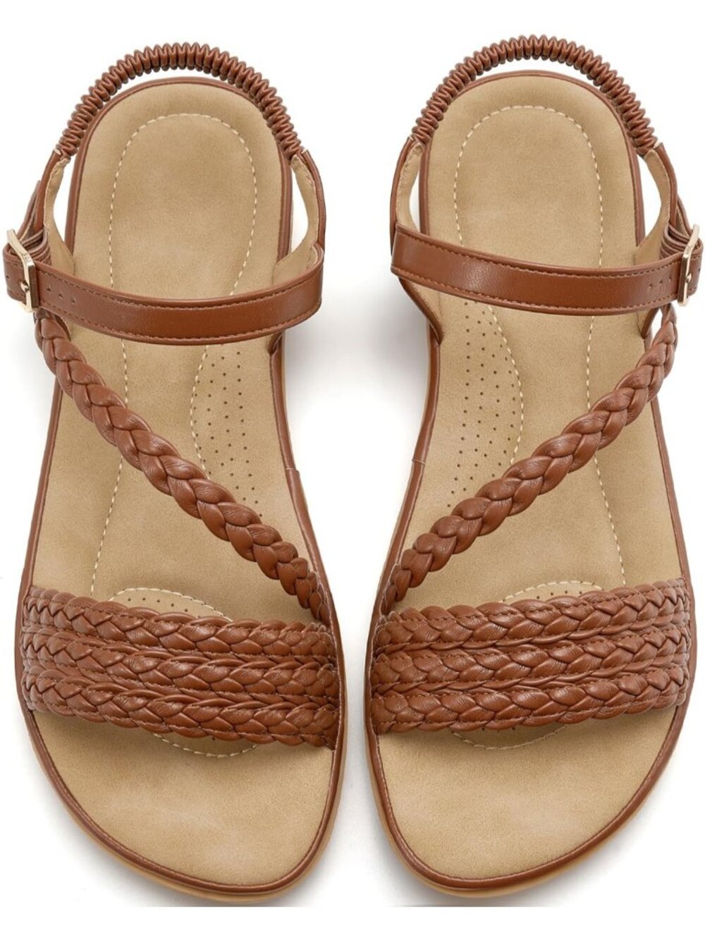 Women's Brown Leather Straps Flats Lightweight Sandals With Buckle Summer Shoes